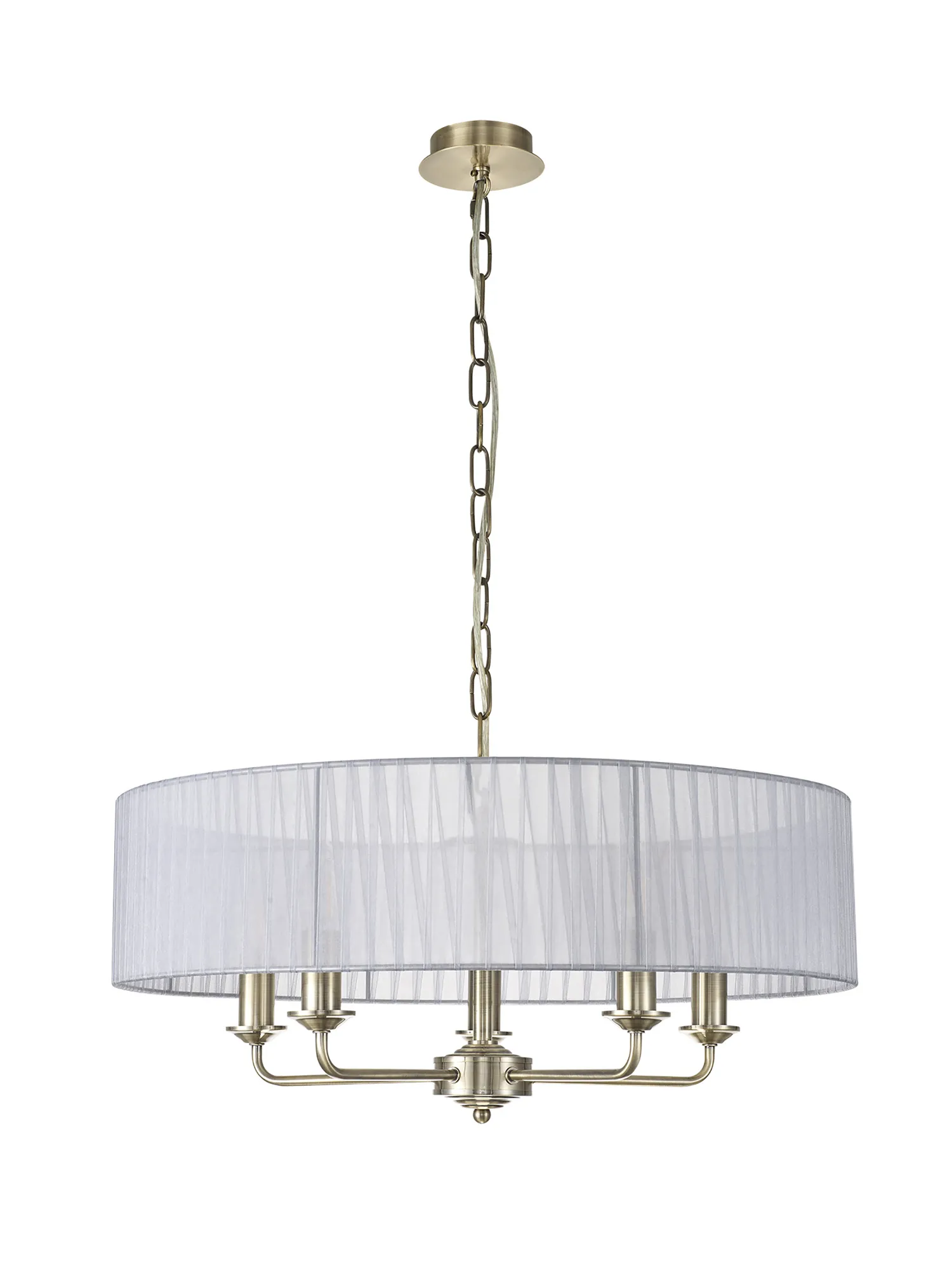 Banyan 5 Light Multi Arm Pendant With 60cm x 15cm Organza Shade Antique Brass/Grey DK0872  Deco Banyan AB GR